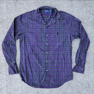 Polo Ralph Lauren Classic Fit Purple Green Stretch Poplin Plaid Shirt Men Medium